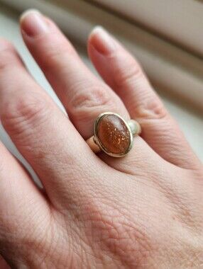 Sterling Silver 925 Orange Natural Sunstone Ring, Large Stone, Size 8